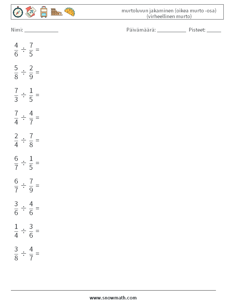 (10) murtoluvun jakaminen (oikea murto -osa) (virheellinen murto) Matematiikan laskentataulukot 8
