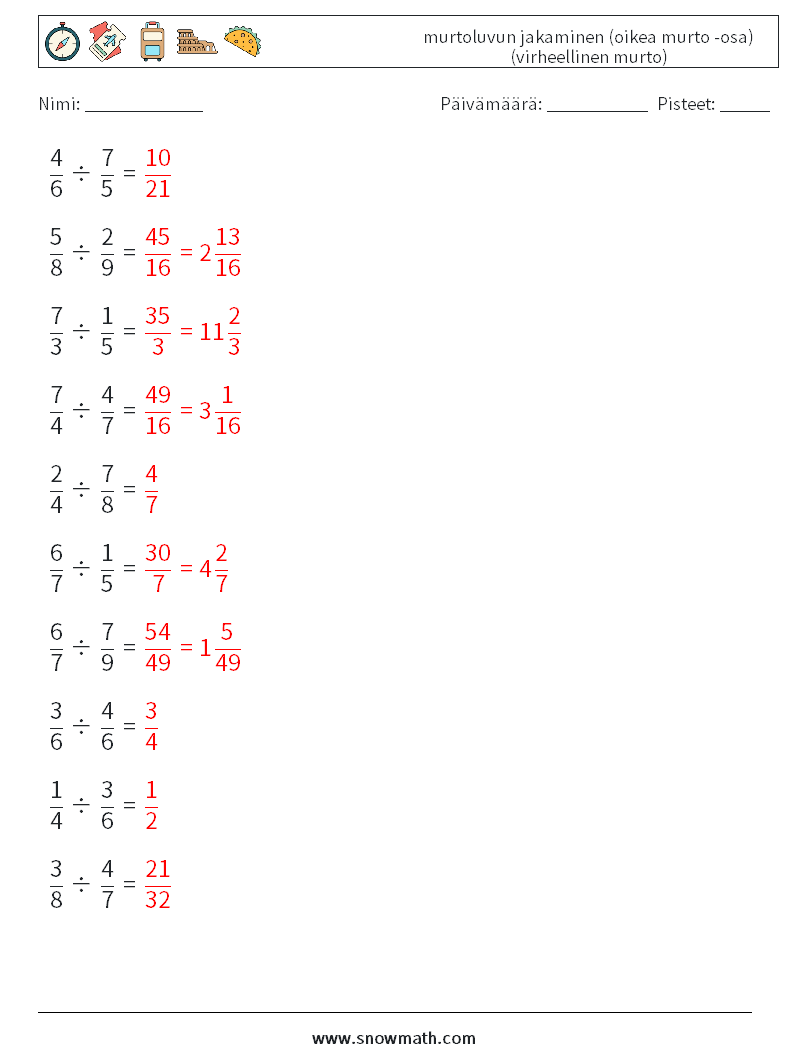 (10) murtoluvun jakaminen (oikea murto -osa) (virheellinen murto) Matematiikan laskentataulukot 8 Kysymys, vastaus
