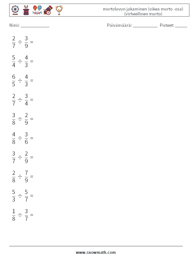 (10) murtoluvun jakaminen (oikea murto -osa) (virheellinen murto) Matematiikan laskentataulukot 9