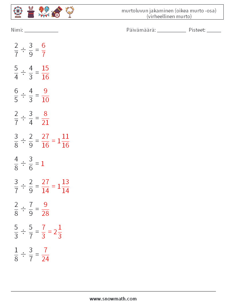(10) murtoluvun jakaminen (oikea murto -osa) (virheellinen murto) Matematiikan laskentataulukot 9 Kysymys, vastaus