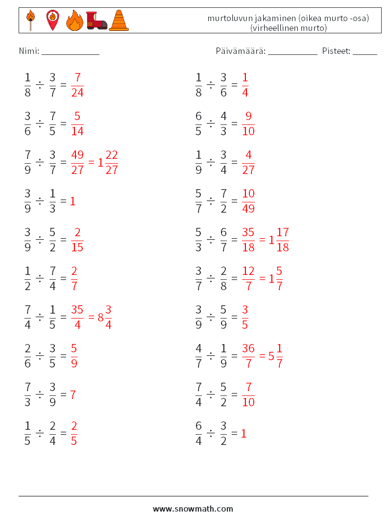 (20) murtoluvun jakaminen (oikea murto -osa) (virheellinen murto) Matematiikan laskentataulukot 12 Kysymys, vastaus