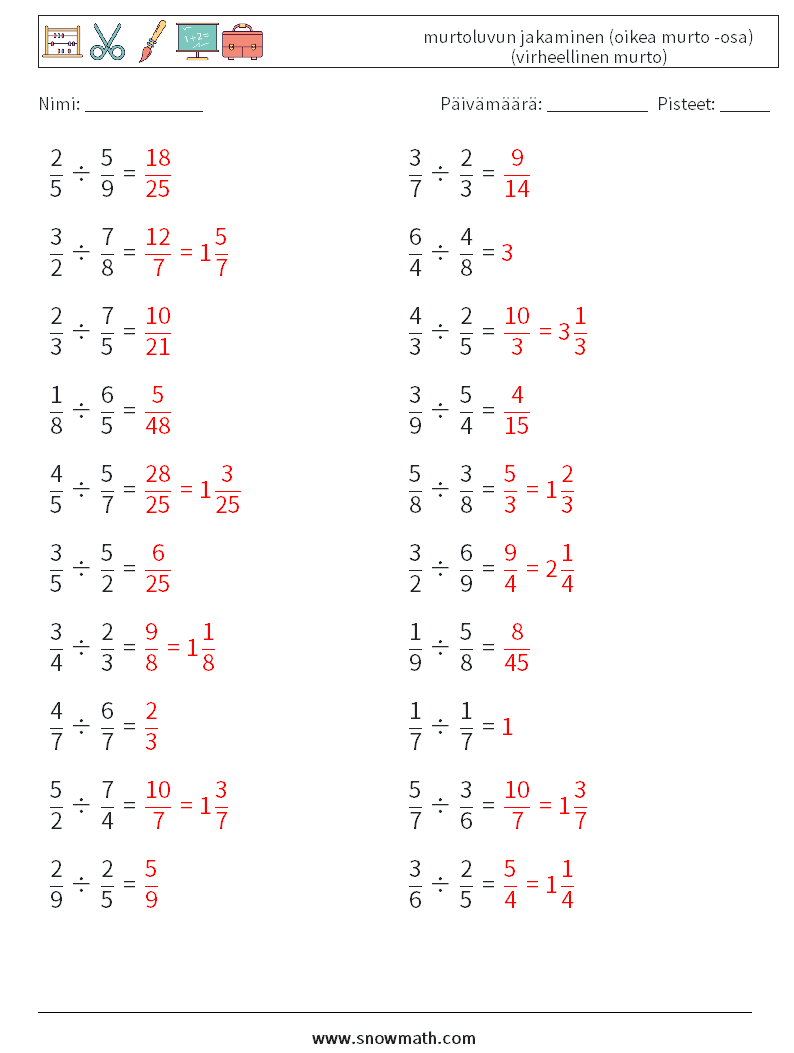 (20) murtoluvun jakaminen (oikea murto -osa) (virheellinen murto) Matematiikan laskentataulukot 13 Kysymys, vastaus