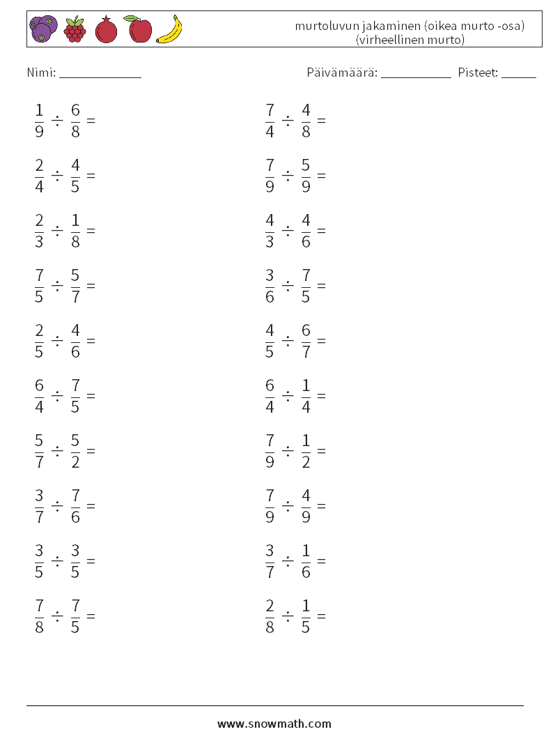 (20) murtoluvun jakaminen (oikea murto -osa) (virheellinen murto) Matematiikan laskentataulukot 16