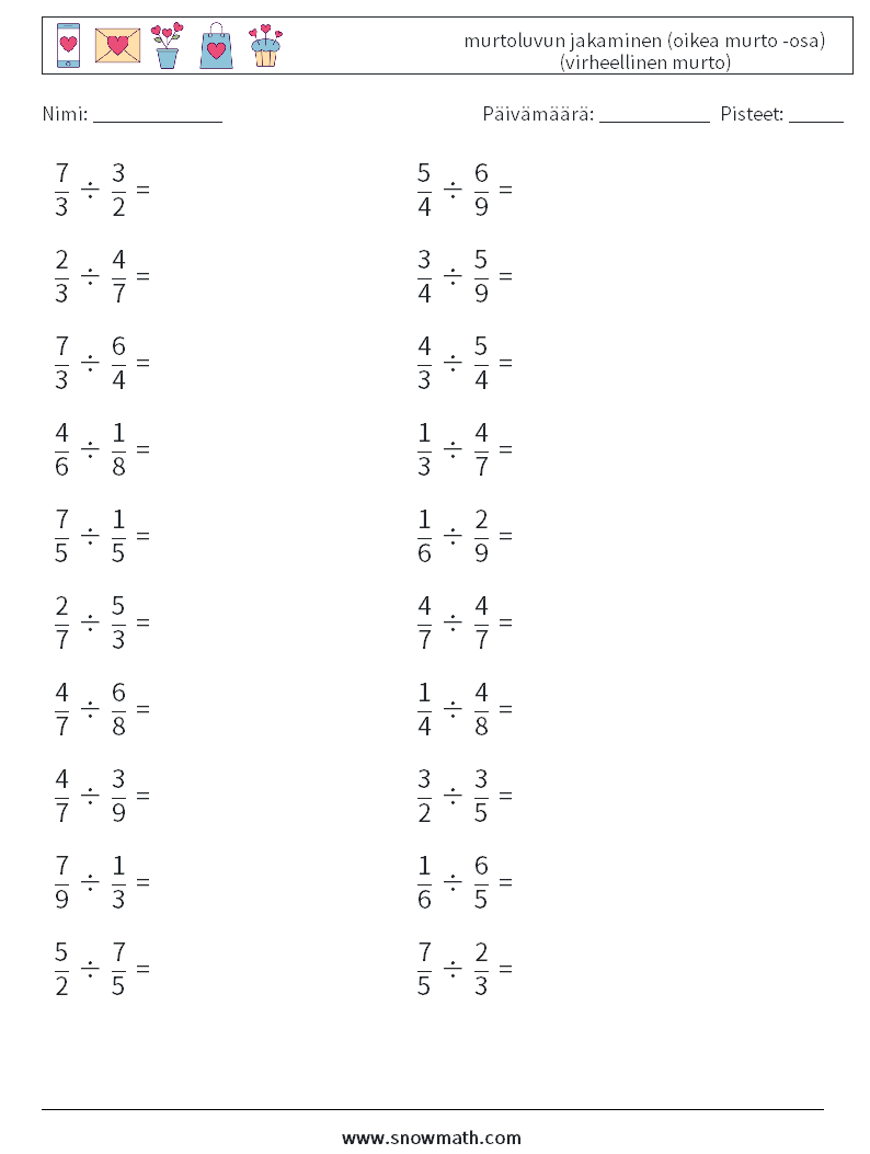(20) murtoluvun jakaminen (oikea murto -osa) (virheellinen murto) Matematiikan laskentataulukot 18