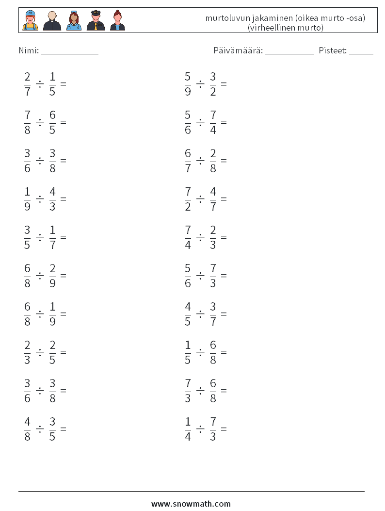 (20) murtoluvun jakaminen (oikea murto -osa) (virheellinen murto) Matematiikan laskentataulukot 2