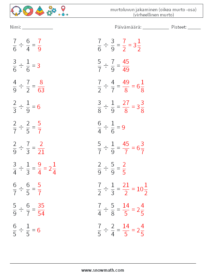 (20) murtoluvun jakaminen (oikea murto -osa) (virheellinen murto) Matematiikan laskentataulukot 3 Kysymys, vastaus
