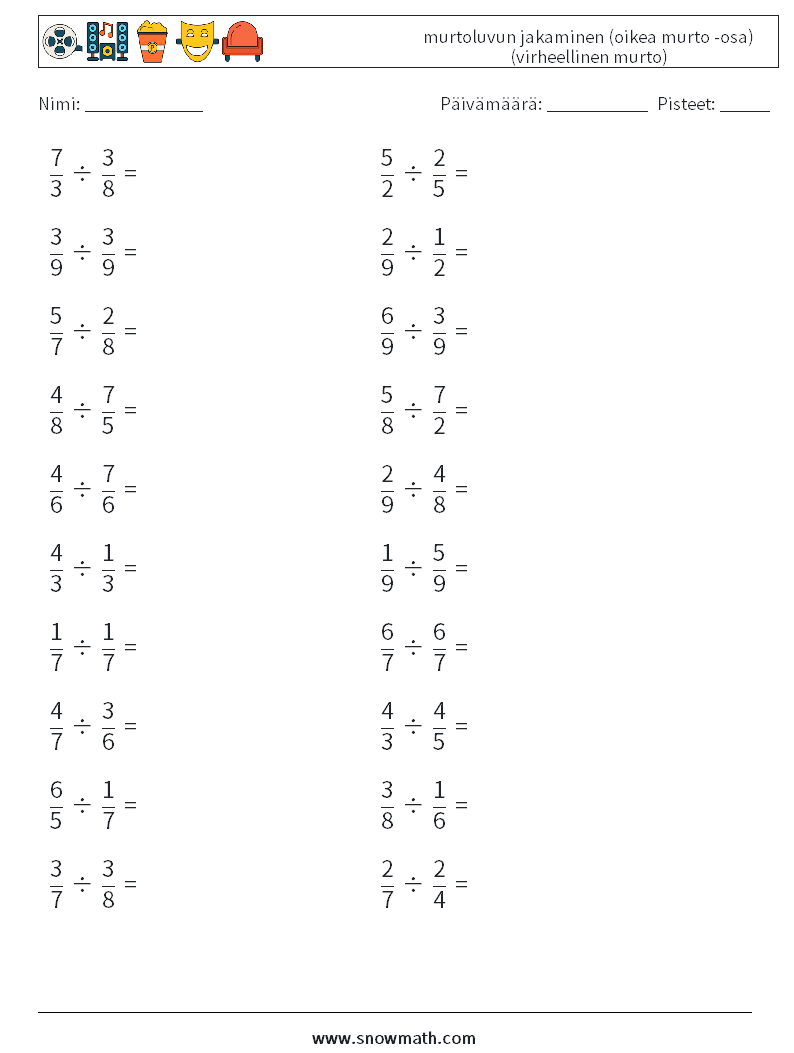 (20) murtoluvun jakaminen (oikea murto -osa) (virheellinen murto) Matematiikan laskentataulukot 5