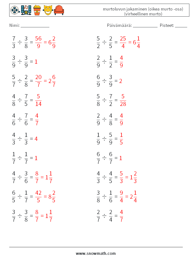 (20) murtoluvun jakaminen (oikea murto -osa) (virheellinen murto) Matematiikan laskentataulukot 5 Kysymys, vastaus