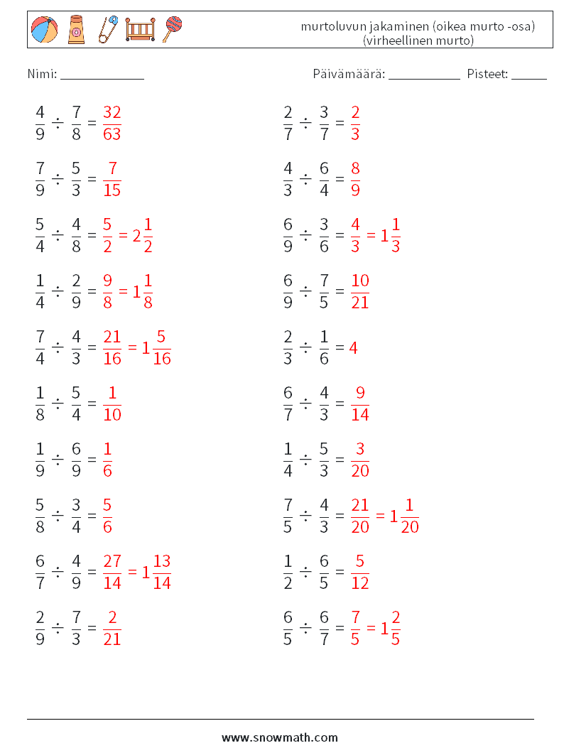 (20) murtoluvun jakaminen (oikea murto -osa) (virheellinen murto) Matematiikan laskentataulukot 8 Kysymys, vastaus
