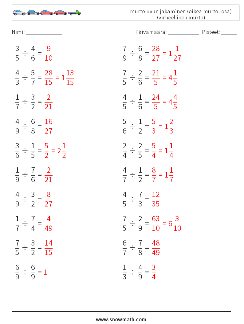 (20) murtoluvun jakaminen (oikea murto -osa) (virheellinen murto) Matematiikan laskentataulukot 9 Kysymys, vastaus