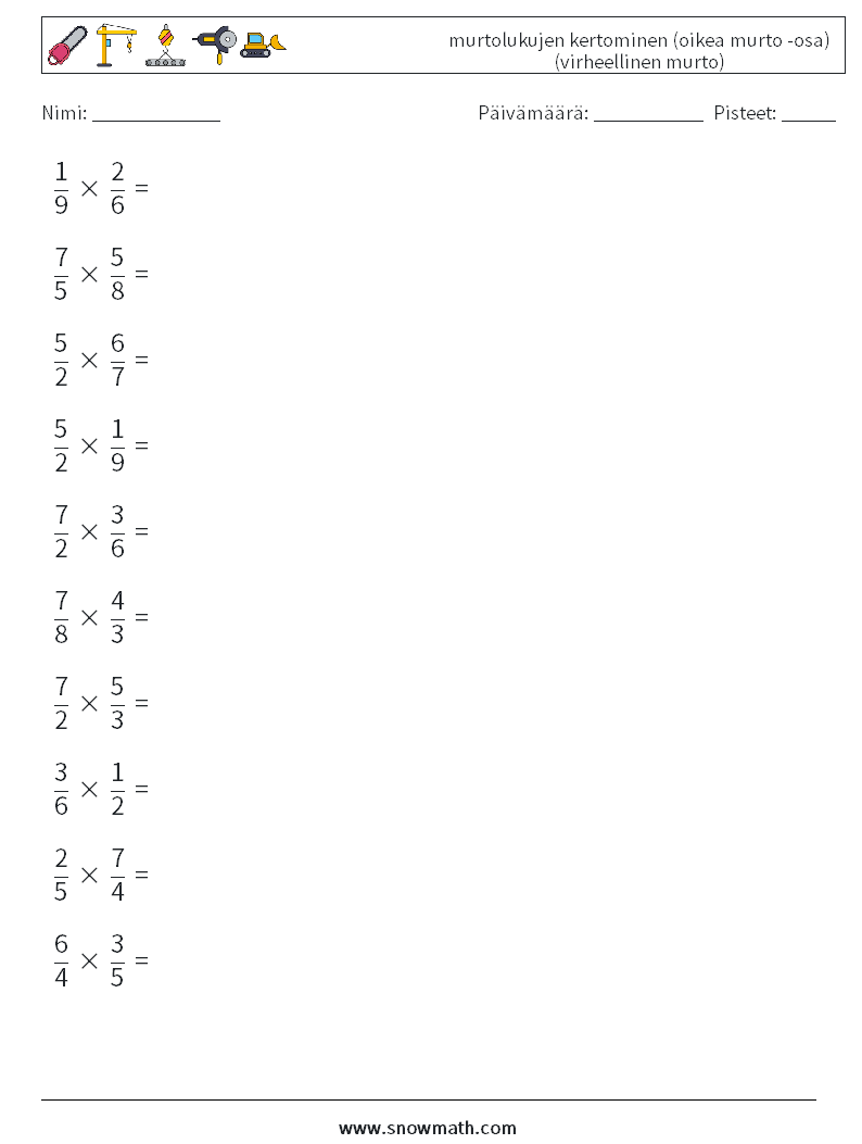 (10) murtolukujen kertominen (oikea murto -osa) (virheellinen murto) Matematiikan laskentataulukot 10