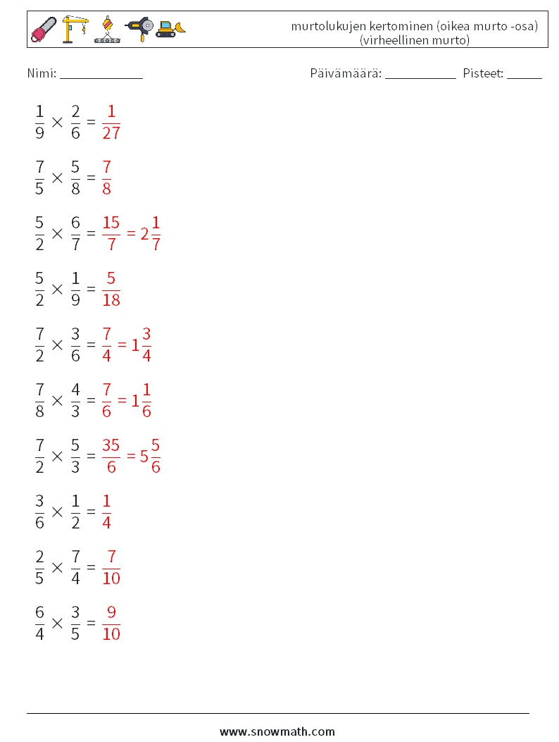 (10) murtolukujen kertominen (oikea murto -osa) (virheellinen murto) Matematiikan laskentataulukot 10 Kysymys, vastaus