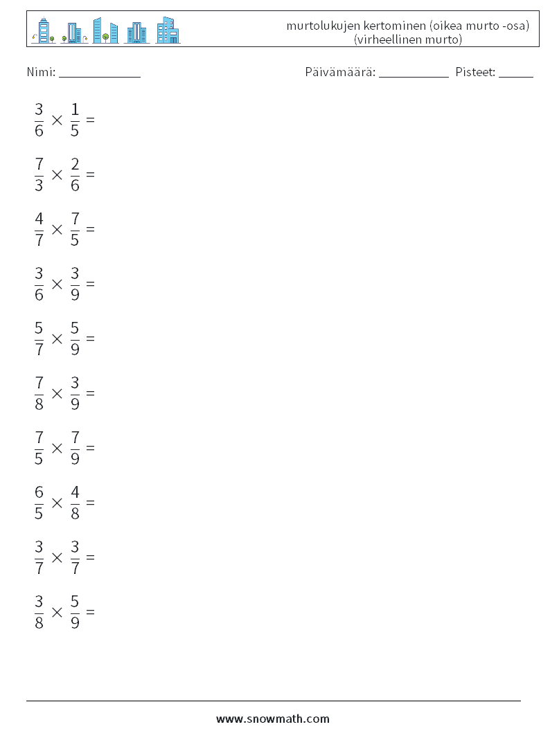 (10) murtolukujen kertominen (oikea murto -osa) (virheellinen murto) Matematiikan laskentataulukot 12