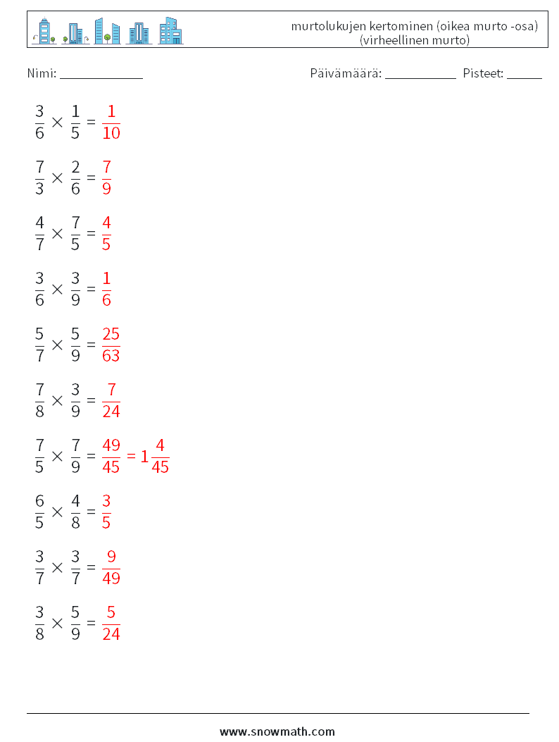 (10) murtolukujen kertominen (oikea murto -osa) (virheellinen murto) Matematiikan laskentataulukot 12 Kysymys, vastaus