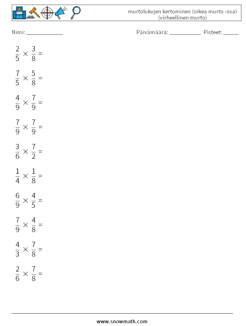 (10) murtolukujen kertominen (oikea murto -osa) (virheellinen murto) Matematiikan laskentataulukot 14