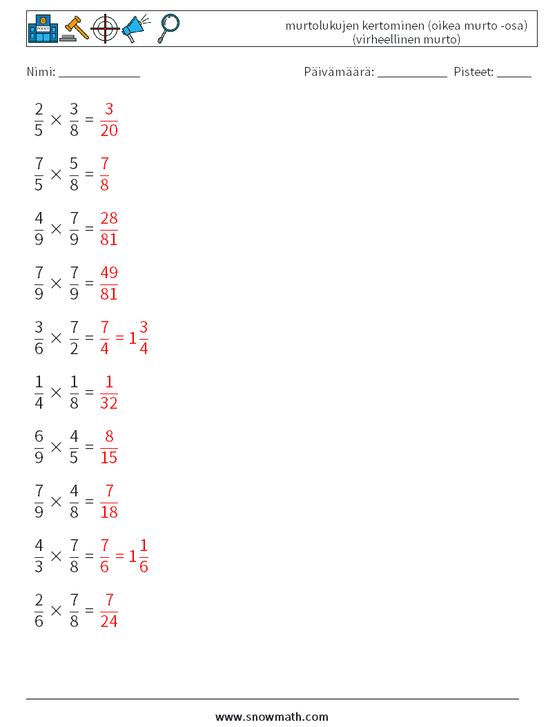 (10) murtolukujen kertominen (oikea murto -osa) (virheellinen murto) Matematiikan laskentataulukot 14 Kysymys, vastaus