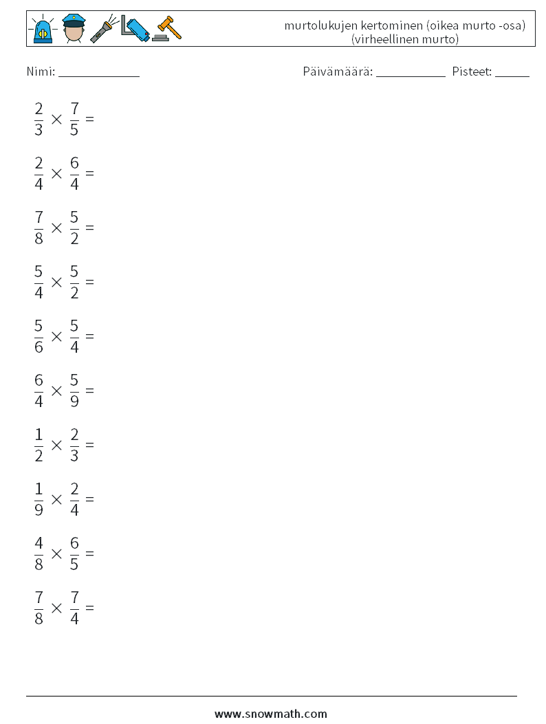 (10) murtolukujen kertominen (oikea murto -osa) (virheellinen murto) Matematiikan laskentataulukot 15