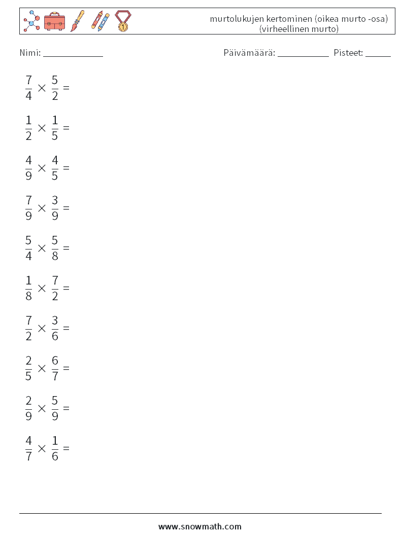 (10) murtolukujen kertominen (oikea murto -osa) (virheellinen murto) Matematiikan laskentataulukot 18