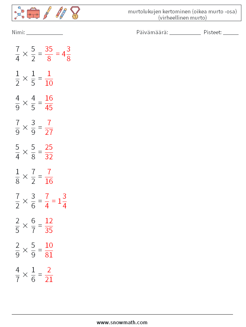 (10) murtolukujen kertominen (oikea murto -osa) (virheellinen murto) Matematiikan laskentataulukot 18 Kysymys, vastaus