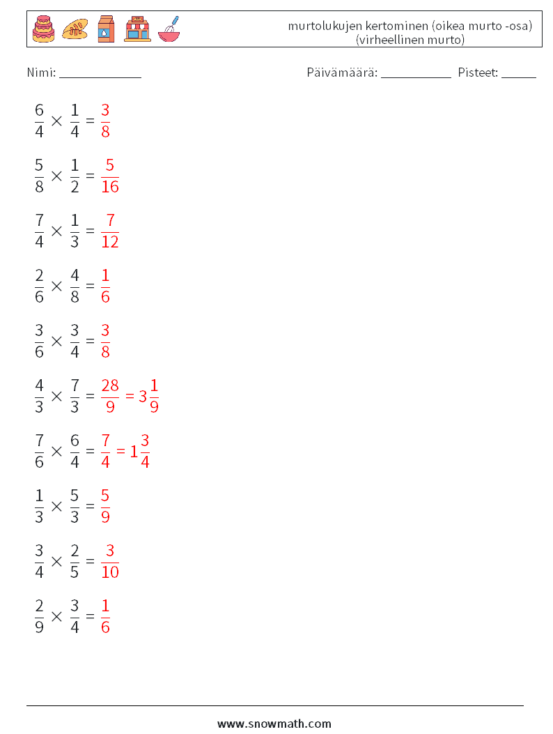 (10) murtolukujen kertominen (oikea murto -osa) (virheellinen murto) Matematiikan laskentataulukot 5 Kysymys, vastaus