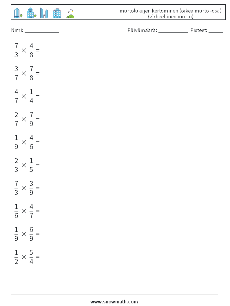 (10) murtolukujen kertominen (oikea murto -osa) (virheellinen murto) Matematiikan laskentataulukot 8