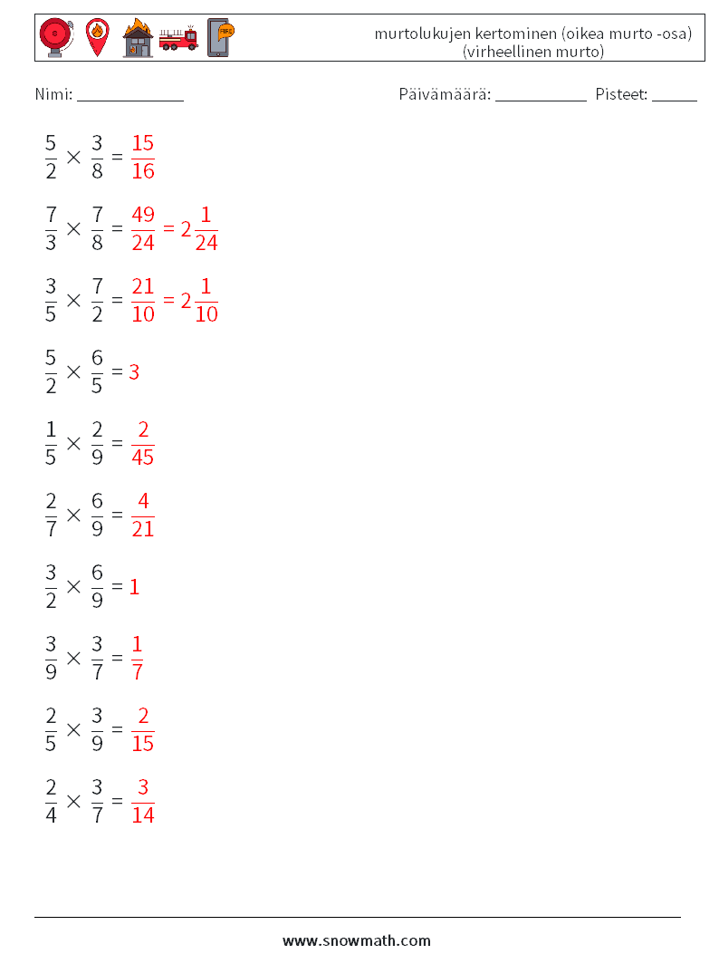 (10) murtolukujen kertominen (oikea murto -osa) (virheellinen murto) Matematiikan laskentataulukot 9 Kysymys, vastaus