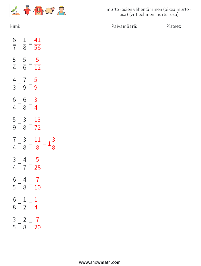 (10) murto -osien vähentäminen (oikea murto -osa) (virheellinen murto -osa) Matematiikan laskentataulukot 10 Kysymys, vastaus