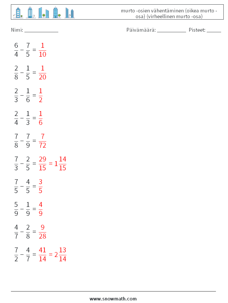 (10) murto -osien vähentäminen (oikea murto -osa) (virheellinen murto -osa) Matematiikan laskentataulukot 11 Kysymys, vastaus