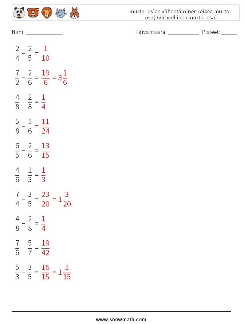 (10) murto -osien vähentäminen (oikea murto -osa) (virheellinen murto -osa) Matematiikan laskentataulukot 12 Kysymys, vastaus