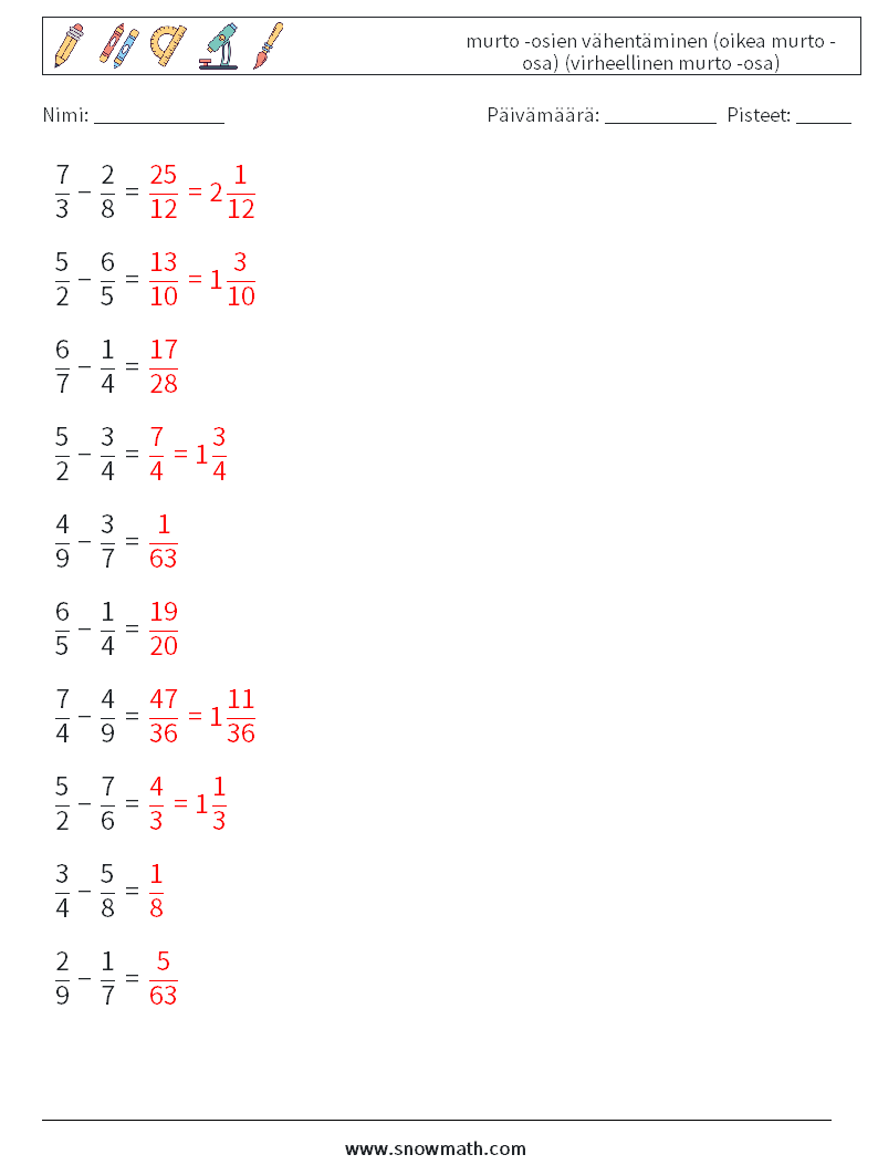 (10) murto -osien vähentäminen (oikea murto -osa) (virheellinen murto -osa) Matematiikan laskentataulukot 13 Kysymys, vastaus