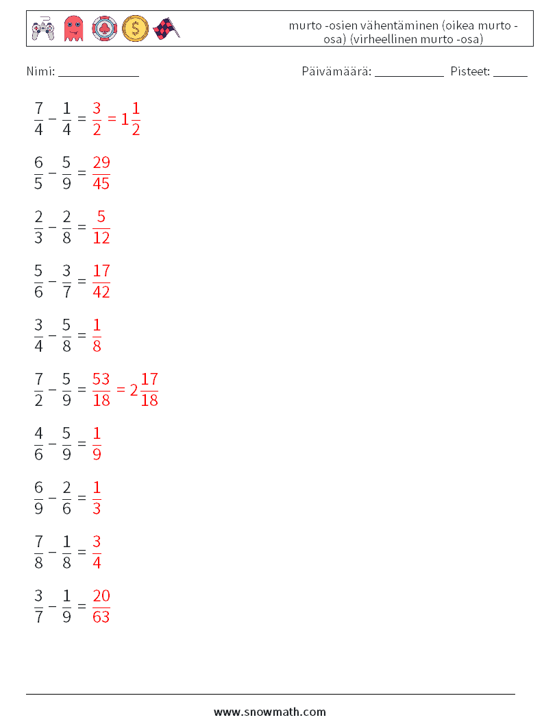 (10) murto -osien vähentäminen (oikea murto -osa) (virheellinen murto -osa) Matematiikan laskentataulukot 15 Kysymys, vastaus