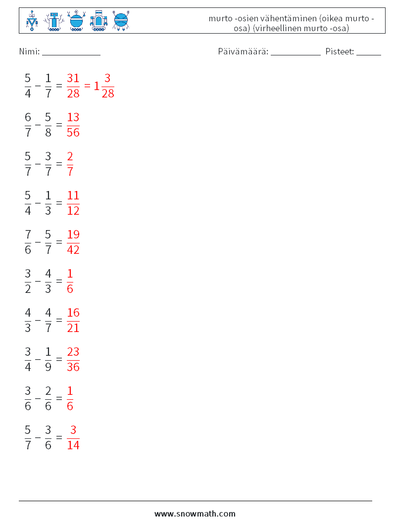 (10) murto -osien vähentäminen (oikea murto -osa) (virheellinen murto -osa) Matematiikan laskentataulukot 16 Kysymys, vastaus