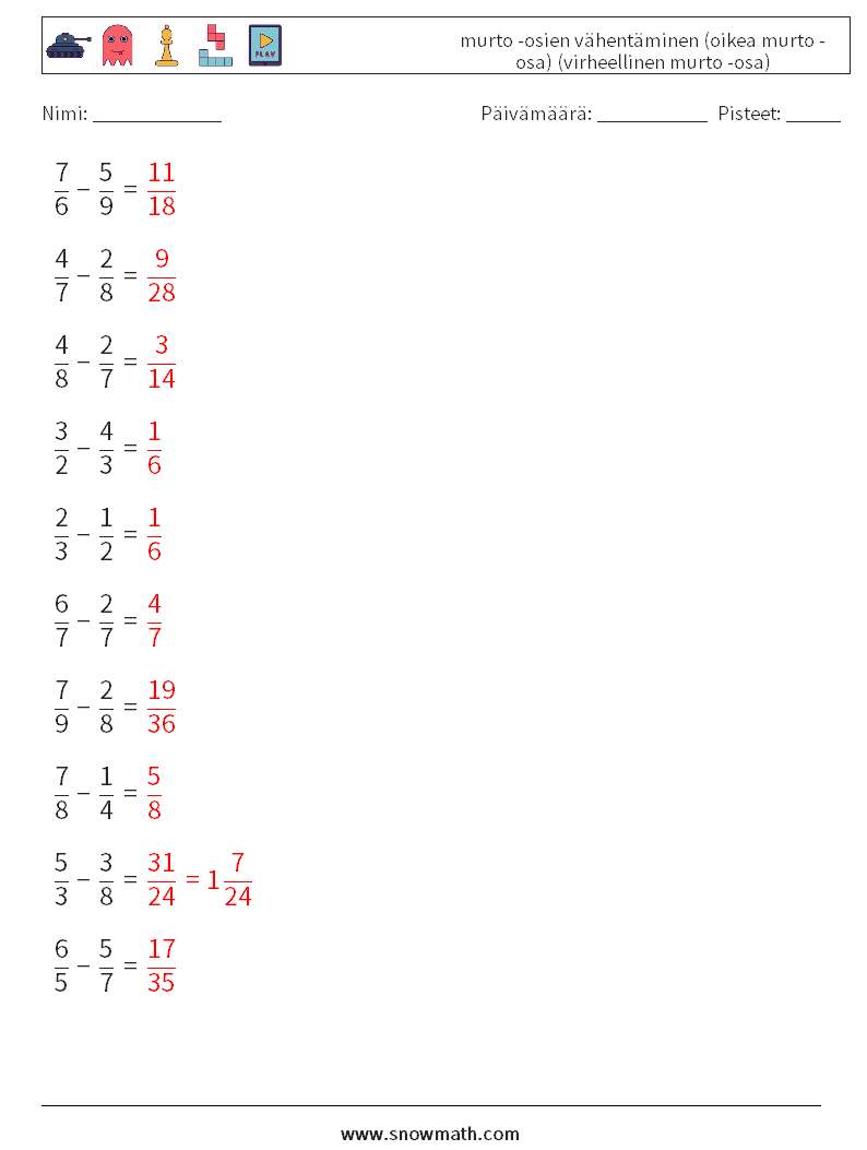 (10) murto -osien vähentäminen (oikea murto -osa) (virheellinen murto -osa) Matematiikan laskentataulukot 18 Kysymys, vastaus