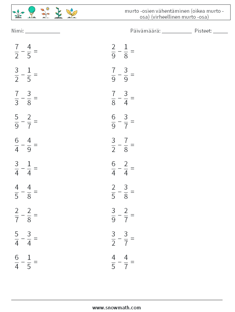 (20) murto -osien vähentäminen (oikea murto -osa) (virheellinen murto -osa) Matematiikan laskentataulukot 10