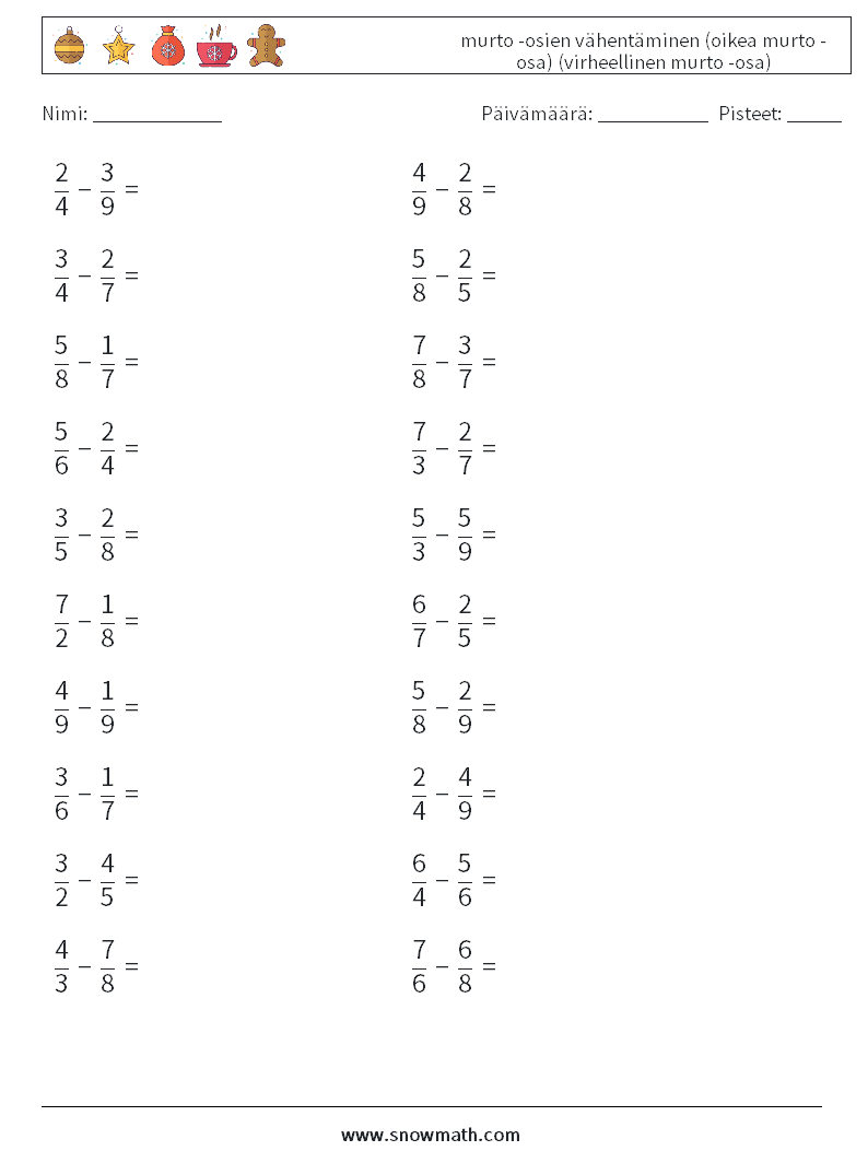 (20) murto -osien vähentäminen (oikea murto -osa) (virheellinen murto -osa) Matematiikan laskentataulukot 18