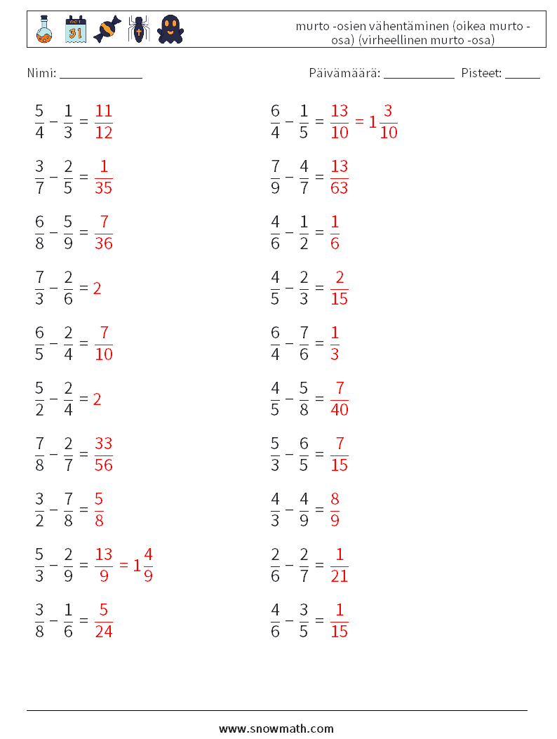 (20) murto -osien vähentäminen (oikea murto -osa) (virheellinen murto -osa) Matematiikan laskentataulukot 1 Kysymys, vastaus