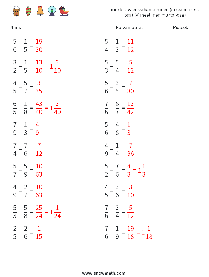 (20) murto -osien vähentäminen (oikea murto -osa) (virheellinen murto -osa) Matematiikan laskentataulukot 2 Kysymys, vastaus