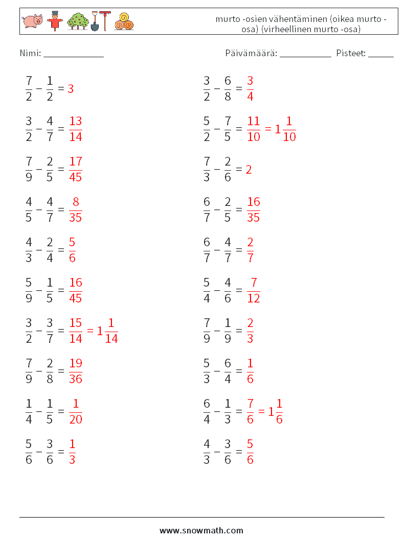 (20) murto -osien vähentäminen (oikea murto -osa) (virheellinen murto -osa) Matematiikan laskentataulukot 3 Kysymys, vastaus