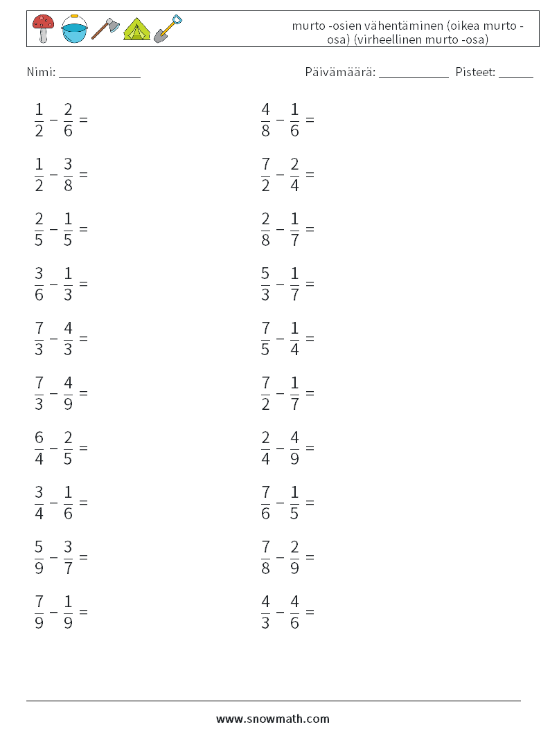 (20) murto -osien vähentäminen (oikea murto -osa) (virheellinen murto -osa) Matematiikan laskentataulukot 4