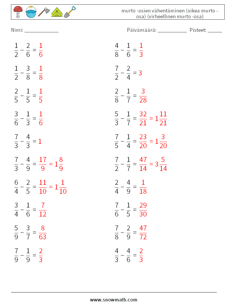 (20) murto -osien vähentäminen (oikea murto -osa) (virheellinen murto -osa) Matematiikan laskentataulukot 4 Kysymys, vastaus