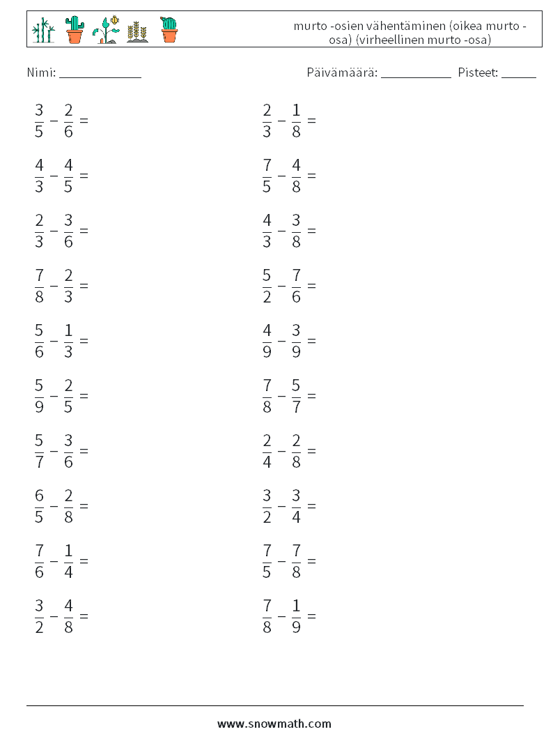 (20) murto -osien vähentäminen (oikea murto -osa) (virheellinen murto -osa) Matematiikan laskentataulukot 5