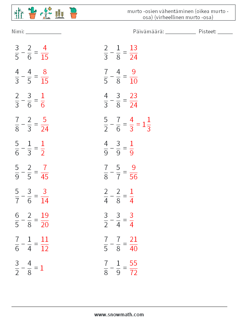 (20) murto -osien vähentäminen (oikea murto -osa) (virheellinen murto -osa) Matematiikan laskentataulukot 5 Kysymys, vastaus