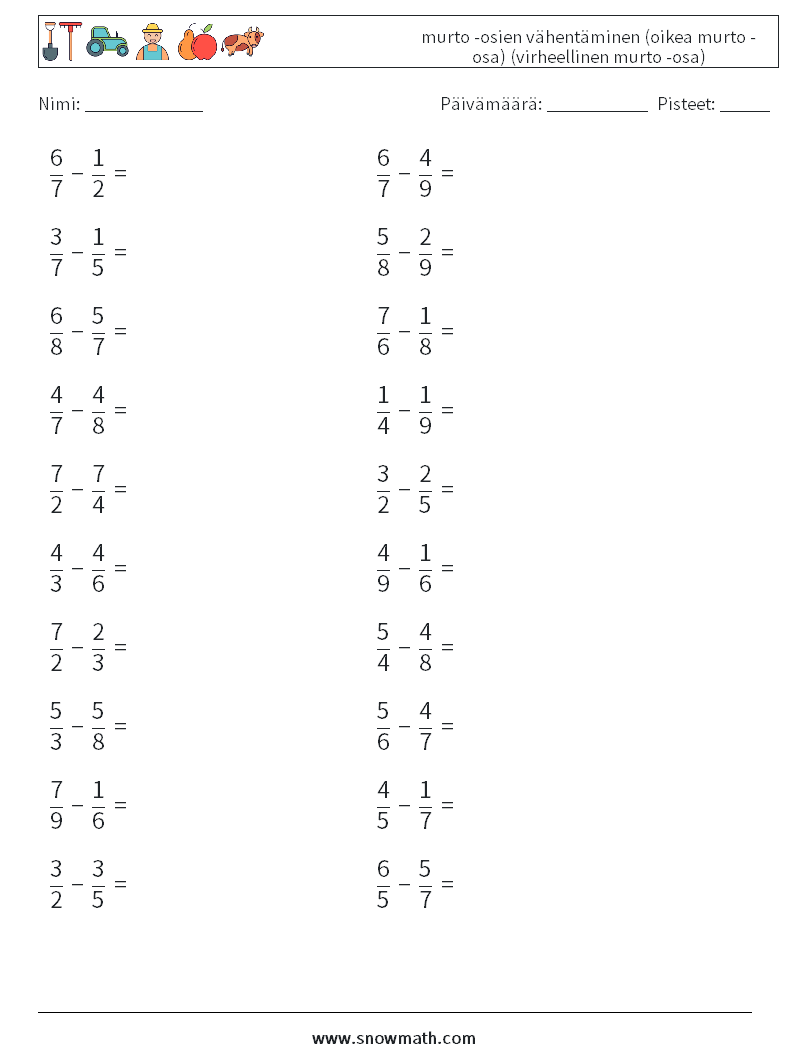 (20) murto -osien vähentäminen (oikea murto -osa) (virheellinen murto -osa) Matematiikan laskentataulukot 6