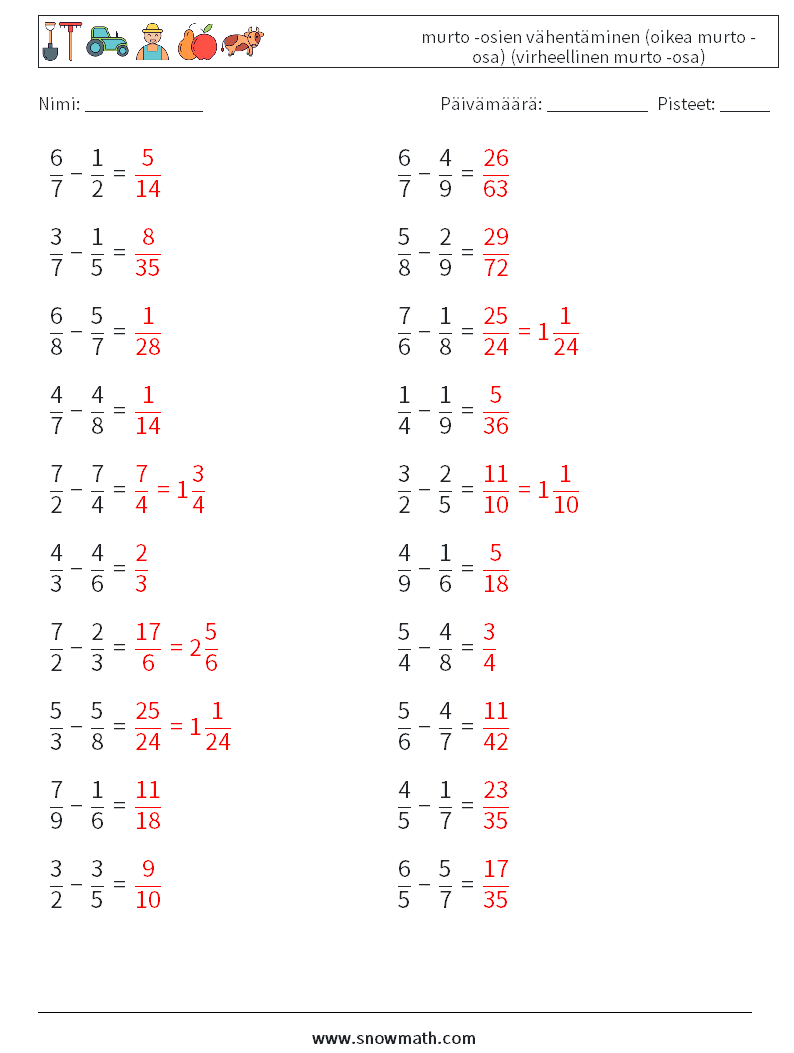 (20) murto -osien vähentäminen (oikea murto -osa) (virheellinen murto -osa) Matematiikan laskentataulukot 6 Kysymys, vastaus