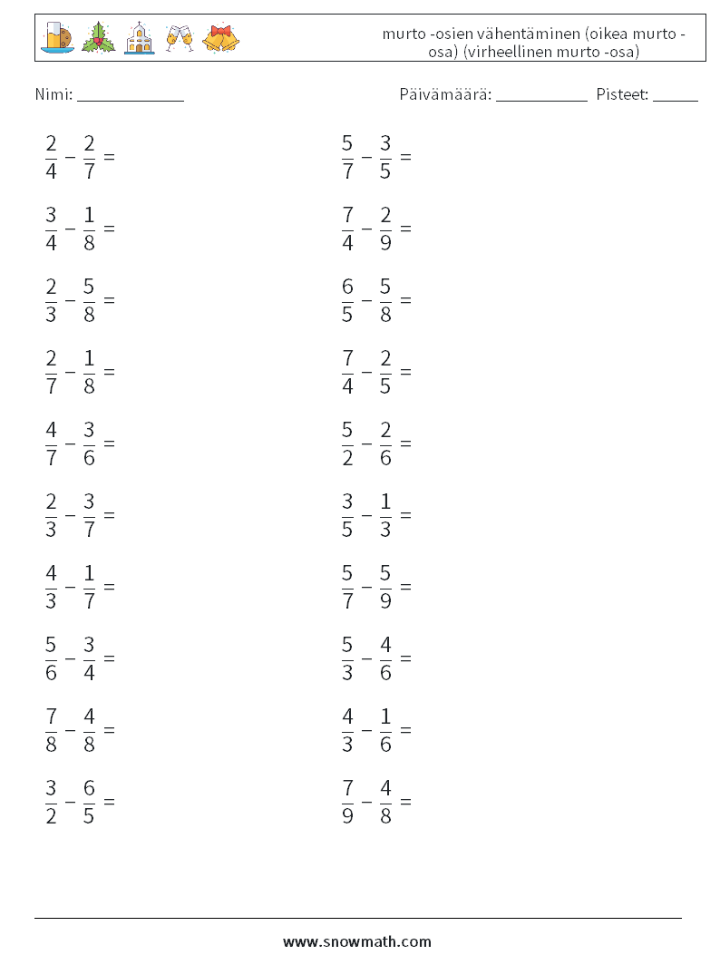 (20) murto -osien vähentäminen (oikea murto -osa) (virheellinen murto -osa) Matematiikan laskentataulukot 7
