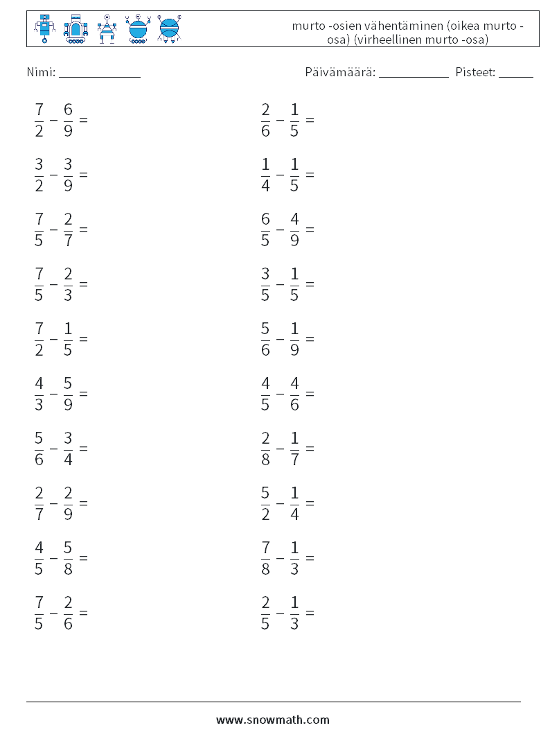 (20) murto -osien vähentäminen (oikea murto -osa) (virheellinen murto -osa) Matematiikan laskentataulukot 9