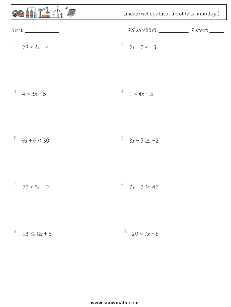 Lineaariset epätasa -arvot (yksi muuttuja) Matematiikan laskentataulukot 9