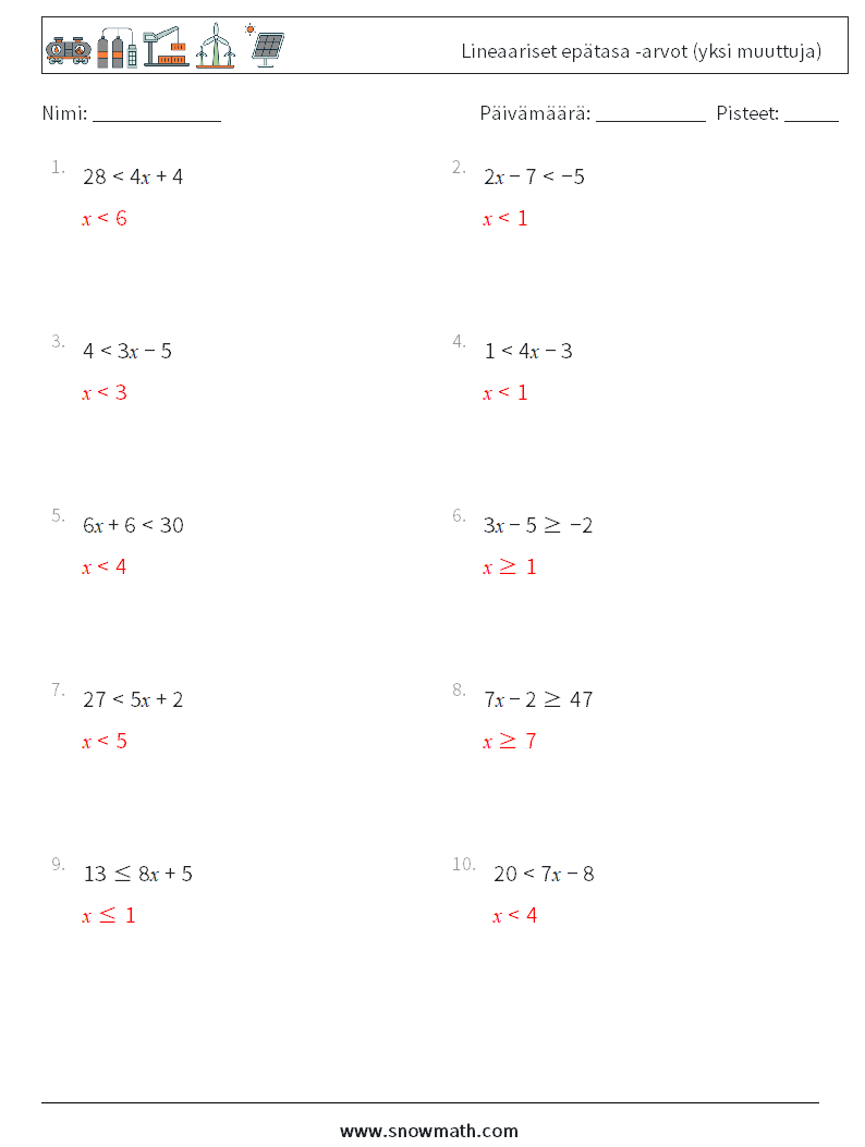 Lineaariset epätasa -arvot (yksi muuttuja) Matematiikan laskentataulukot 9 Kysymys, vastaus