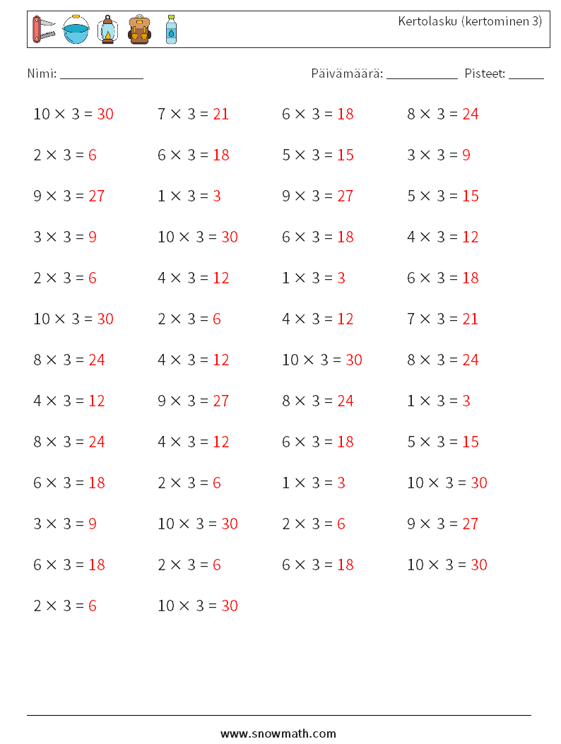 (50) Kertolasku (kertominen 3) Matematiikan laskentataulukot 6 Kysymys, vastaus
