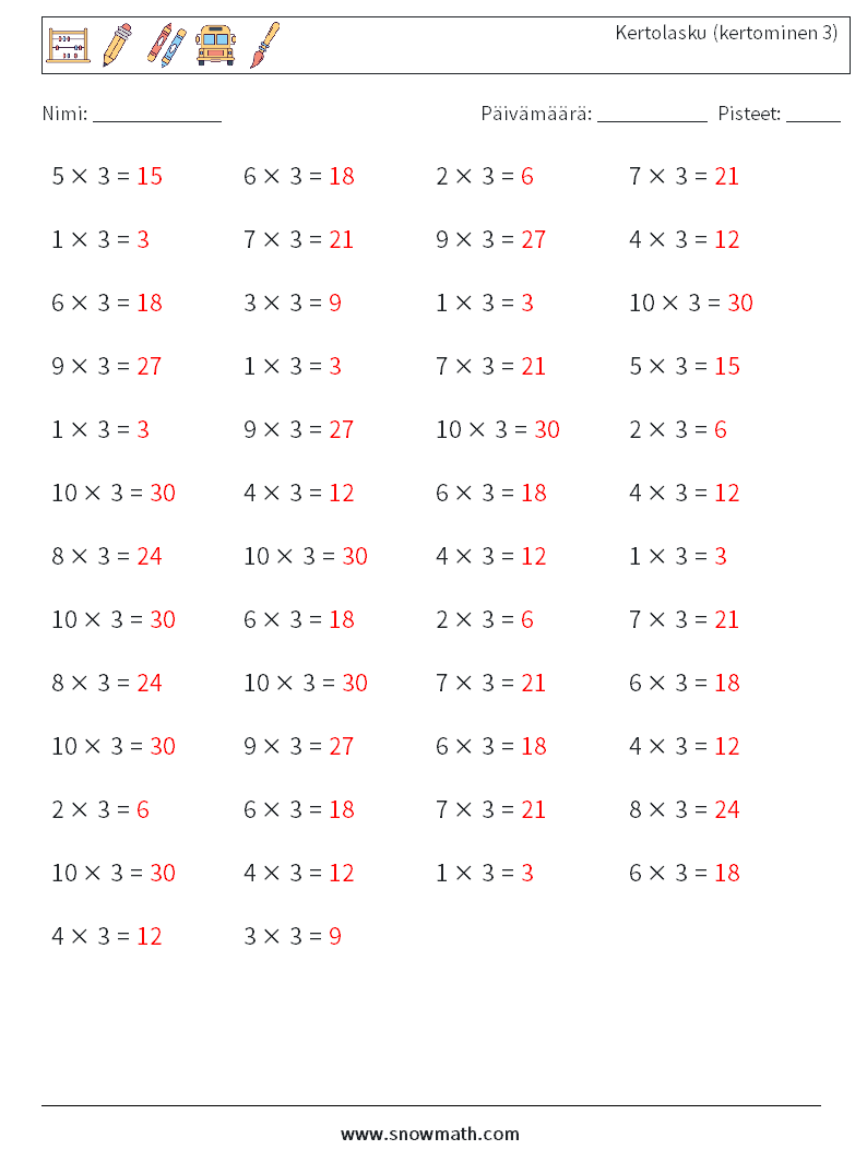 (50) Kertolasku (kertominen 3) Matematiikan laskentataulukot 9 Kysymys, vastaus